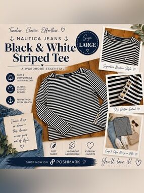 Nautica Black and White Striped Long Sleeve Tee
